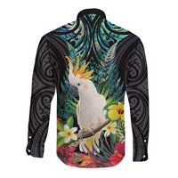 Sulphur-crested Cockatoo New Zealand Long Sleeve Button Shirt Paua Shell Aotearoa Maori Tropical Flowers LT14 - Polynesian Pride