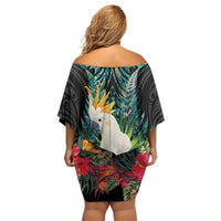 Sulphur-crested Cockatoo New Zealand Off Shoulder Short Dress Paua Shell Aotearoa Maori Tropical Flowers LT14 - Polynesian Pride