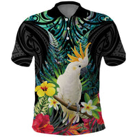 Sulphur-crested Cockatoo New Zealand Polo Shirt Paua Shell Aotearoa Maori Tropical Flowers LT14 Black - Polynesian Pride