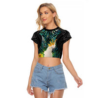 Sulphur-crested Cockatoo New Zealand Raglan Cropped T Shirt Paua Shell Aotearoa Maori Tropical Flowers LT14 Female Black - Polynesian Pride