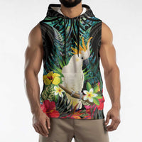 Sulphur-crested Cockatoo New Zealand Sleeveless Hoodie Paua Shell Aotearoa Maori Tropical Flowers LT14 - Polynesian Pride