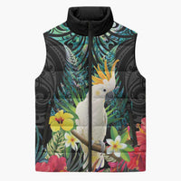 Sulphur-crested Cockatoo New Zealand Sleeveless Puffer Jacket Paua Shell Aotearoa Maori Tropical Flowers LT14 Unisex Black - Polynesian Pride