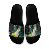 Sulphur-crested Cockatoo New Zealand Slide Sandals Paua Shell Aotearoa Maori Tropical Flowers LT14 Black - Polynesian Pride
