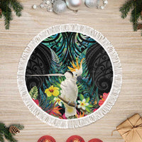 Sulphur-crested Cockatoo New Zealand Tree Skirt Paua Shell Aotearoa Maori Tropical Flowers LT14 Fringed Black - Polynesian Pride