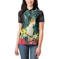 Sulphur-crested Cockatoo New Zealand Women Polo Shirt Paua Shell Aotearoa Maori Tropical Flowers LT14 - Polynesian Pride