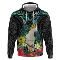 Sulphur-crested Cockatoo New Zealand Zip Hoodie Paua Shell Aotearoa Maori Tropical Flowers LT14 Pullover Hoodie Black - Polynesian Pride