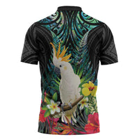 Sulphur-crested Cockatoo New Zealand Zipper Polo Shirt Paua Shell Aotearoa Maori Tropical Flowers LT14 - Polynesian Pride