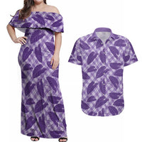 Purple Hawaii Kalo Palaka Motifs Couples Matching Off Shoulder Maxi Dress and Hawaiian Shirt Hawaiian Taro Leaves Elegant Vibes LT14 Purple - Polynesian Pride