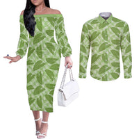 Green Hawaii Kalo Palaka Motifs Couples Matching Off The Shoulder Long Sleeve Dress and Long Sleeve Button Shirt Hawaiian Taro Leaves Elegant Vibes LT14 Green - Polynesian Pride