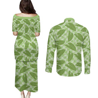 Green Hawaii Kalo Palaka Motifs Couples Matching Puletasi and Long Sleeve Button Shirt Hawaiian Taro Leaves Elegant Vibes LT14 - Polynesian Pride