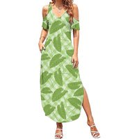 Green Hawaii Kalo Palaka Motifs Family Matching Summer Maxi Dress and Hawaiian Shirt Hawaiian Taro Leaves Elegant Vibes LT14 Mom's Dress Green - Polynesian Pride