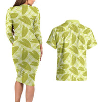 Lime Green Hawaii Kalo Palaka Motifs Couples Matching Long Sleeve Bodycon Dress and Hawaiian Shirt Hawaiian Taro Leaves Elegant Vibes LT14 - Polynesian Pride
