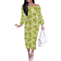 Lime Green Hawaii Kalo Palaka Motifs Family Matching Off The Shoulder Long Sleeve Dress and Hawaiian Shirt Hawaiian Taro Leaves Elegant Vibes LT14 Mom's Dress Lime Green - Polynesian Pride