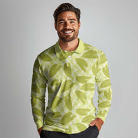 Lime Green Hawaii Kalo Palaka Motifs Long Sleeve Polo Shirt Hawaiian Taro Leaves Elegant Vibes LT14 - Polynesian Pride