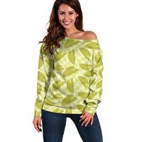Lime Green Hawaii Kalo Palaka Motifs Off Shoulder Sweater Hawaiian Taro Leaves Elegant Vibes LT14 Women Lime Green - Polynesian Pride