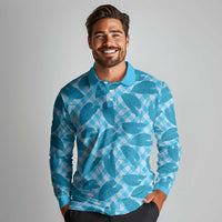 Blue Hawaii Kalo Palaka Motifs Long Sleeve Polo Shirt Hawaiian Taro Leaves Elegant Vibes LT14 - Polynesian Pride