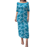Blue Hawaii Kalo Palaka Motifs Puletasi Hawaiian Taro Leaves Elegant Vibes LT14 Long Dress Blue - Polynesian Pride