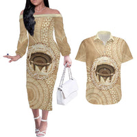 Tonga Skink Kava Bowl Couples Matching Off The Shoulder Long Sleeve Dress and Hawaiian Shirt Vintage Tongan Ngatu Pattern LT14 Brown - Polynesian Pride