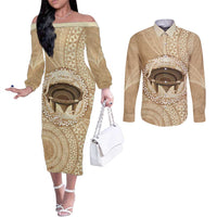 Tonga Skink Kava Bowl Couples Matching Off The Shoulder Long Sleeve Dress and Long Sleeve Button Shirt Vintage Tongan Ngatu Pattern LT14 Brown - Polynesian Pride