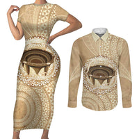 Tonga Skink Kava Bowl Couples Matching Short Sleeve Bodycon Dress and Long Sleeve Button Shirt Vintage Tongan Ngatu Pattern LT14 Brown - Polynesian Pride