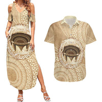 Tonga Skink Kava Bowl Couples Matching Summer Maxi Dress and Hawaiian Shirt Vintage Tongan Ngatu Pattern LT14 Brown - Polynesian Pride