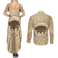 Tonga Skink Kava Bowl Couples Matching Summer Maxi Dress and Long Sleeve Button Shirt Vintage Tongan Ngatu Pattern