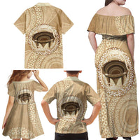 Tonga Skink Kava Bowl Family Matching Off Shoulder Maxi Dress and Hawaiian Shirt Vintage Tongan Ngatu Pattern LT14 - Polynesian Pride