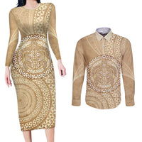 Tonga Ngatu Turtle Couples Matching Long Sleeve Bodycon Dress and Long Sleeve Button Shirt Vintage Tongan Tapa Cloth LT14 Brown - Polynesian Pride