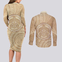 Tonga Ngatu Turtle Couples Matching Long Sleeve Bodycon Dress and Long Sleeve Button Shirt Vintage Tongan Tapa Cloth LT14 - Polynesian Pride