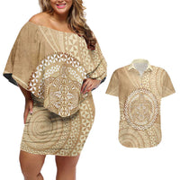 Tonga Ngatu Turtle Couples Matching Off Shoulder Short Dress and Hawaiian Shirt Vintage Tongan Tapa Cloth LT14 Brown - Polynesian Pride