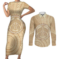Tonga Ngatu Turtle Couples Matching Short Sleeve Bodycon Dress and Long Sleeve Button Shirt Vintage Tongan Tapa Cloth LT14 Brown - Polynesian Pride