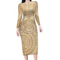 Tonga Ngatu Turtle Family Matching Long Sleeve Bodycon Dress and Hawaiian Shirt Vintage Tongan Tapa Cloth LT14 Mom's Dress Brown - Polynesian Pride