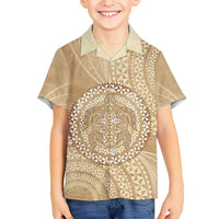 Tonga Ngatu Turtle Family Matching Off Shoulder Short Dress and Hawaiian Shirt Vintage Tongan Tapa Cloth LT14 Son's Shirt Brown - Polynesian Pride