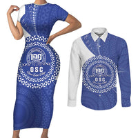 Queen Salote College 100th Anniversary Personalized Couples Matching Short Sleeve Bodycon Dress and Long Sleeve Button Shirt Est 1926 Kolisi Fefine Tongan Ngatu Pattern LT14 Blue - Polynesian Pride