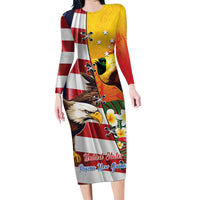 Personalised United States And Papua New Guinea Family Matching Long Sleeve Bodycon Dress and Hawaiian Shirt USA Eagle With PNG Bird Of Paradise LT14 Mom's Dress Red - Polynesian Pride