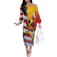 Personalised United States And Papua New Guinea Family Matching Off The Shoulder Long Sleeve Dress and Hawaiian Shirt USA Eagle With PNG Bird Of Paradise LT14 Mom's Dress Red - Polynesian Pride