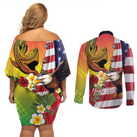 Personalised United States And Hawaii Couples Matching Off Shoulder Short Dress and Long Sleeve Button Shirt USA Eagle With Hawaiian Shark Tattoo