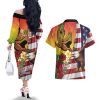 Personalised United States And Hawaii Couples Matching Off The Shoulder Long Sleeve Dress and Hawaiian Shirt USA Eagle With Hawaiian Shark Tattoo