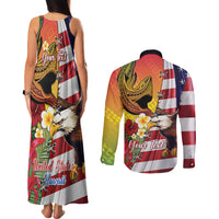 Personalised United States And Hawaii Couples Matching Tank Maxi Dress and Long Sleeve Button Shirt USA Eagle With Hawaiian Shark Tattoo