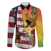 Personalised United States And Hawaii Family Matching Puletasi and Hawaiian Shirt USA Eagle With Hawaiian Shark Tattoo LT14 Dad's Shirt - Long Sleeve Red - Polynesian Pride