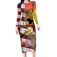 Personalised United States And Hawaii Long Sleeve Bodycon Dress USA Eagle With Hawaiian Shark Tattoo LT14 Long Dress Red - Polynesian Pride