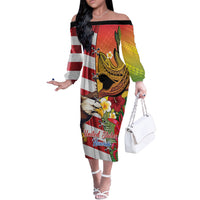Personalised United States And Hawaii Off The Shoulder Long Sleeve Dress USA Eagle With Hawaiian Shark Tattoo LT14 Women Red - Polynesian Pride