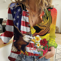 Personalised United States And Hawaii Women Casual Shirt USA Eagle With Hawaiian Shark Tattoo LT14 Female Red - Polynesian Pride