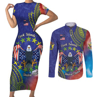 Personalised United States And Cook Islands Couples Matching Short Sleeve Bodycon Dress and Long Sleeve Button Shirt USA Eagle Mix Polynesian Pattern LT14 Blue - Polynesian Pride
