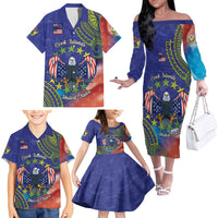 Personalised United States And Cook Islands Family Matching Off The Shoulder Long Sleeve Dress and Hawaiian Shirt USA Eagle Mix Polynesian Pattern LT14 - Polynesian Pride