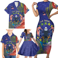 Personalised United States And Cook Islands Family Matching Short Sleeve Bodycon Dress and Hawaiian Shirt USA Eagle Mix Polynesian Pattern LT14 - Polynesian Pride