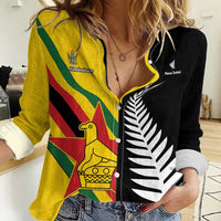 Custom New Zealand and Zimbabwe Women Casual Shirt NZ Fern Zim Flag Half Style LT14 Female Black - Polynesian Pride