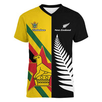 Custom New Zealand and Zimbabwe Women V-Neck T-Shirt NZ Fern Zim Flag Half Style LT14 Female Black - Polynesian Pride