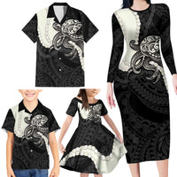 Black Polynesia Tribal Octopus Tattoo Family Matching Long Sleeve Bodycon Dress and Hawaiian Shirt Pikake Lei Polynesian Pattern LT14 - Polynesian Pride