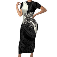 Black Polynesia Tribal Octopus Tattoo Family Matching Short Sleeve Bodycon Dress and Hawaiian Shirt Pikake Lei Polynesian Pattern LT14 Mom's Dress Black - Polynesian Pride